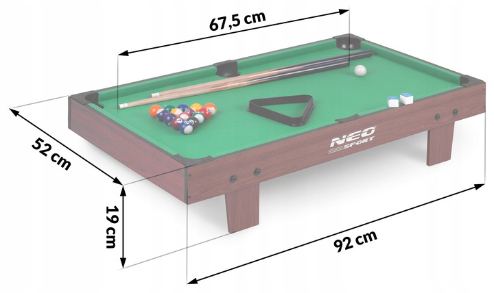 Neo-Sport biljarda galda izmēru shēma ar norādītiem 92 x 52 x 19 cm un 67,5 cm