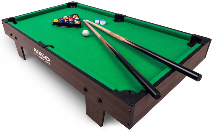 Neo-Sport NS-806 mini biljarda galds ar zaļu segumu, 2 kijām un bumbu trijstūri slīpā skatā