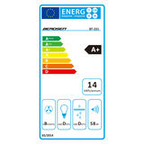 Nosūcēja energoefektivitātes marķējums ar 58 dB norādi un modeļa apzīmējumu