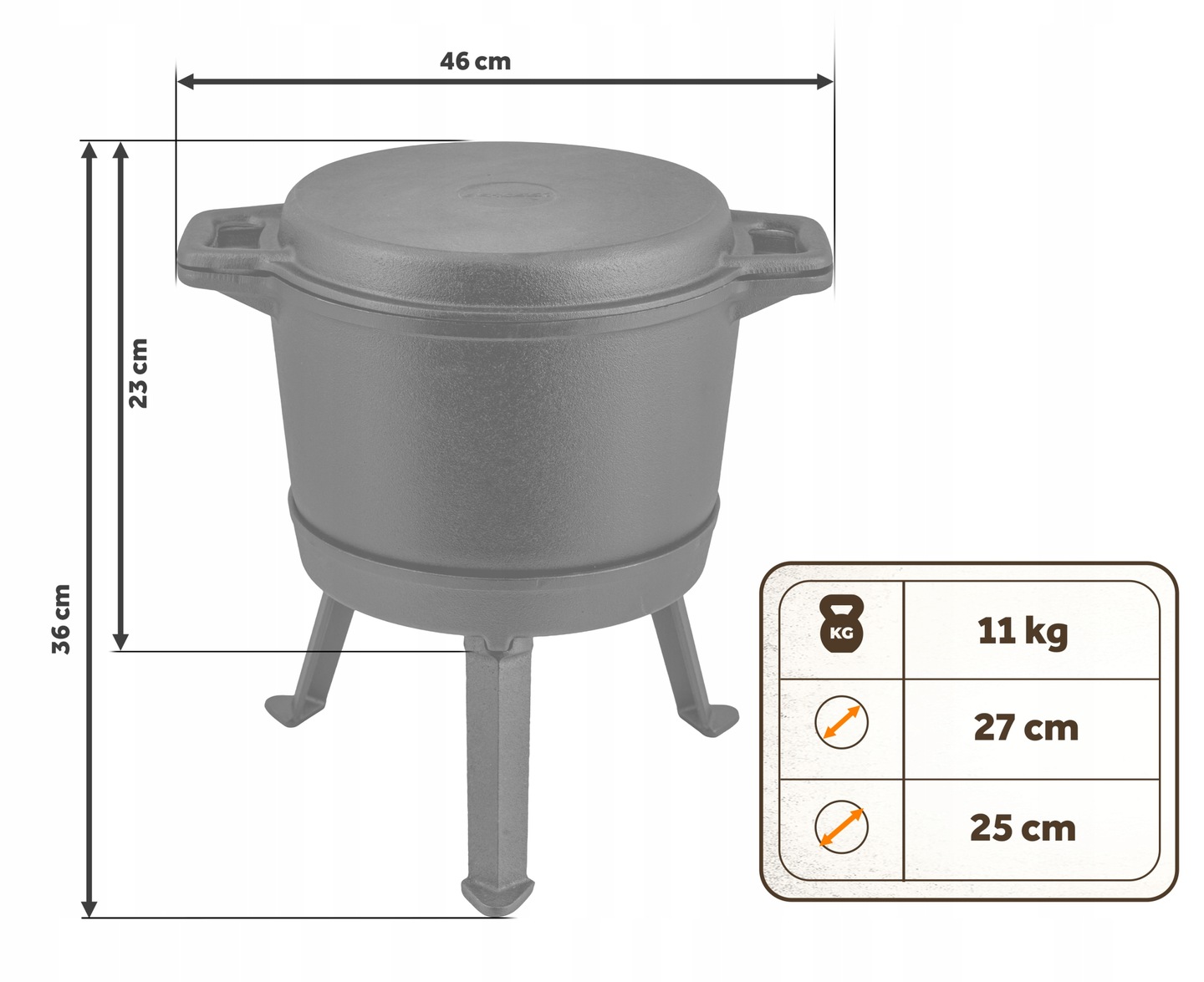Čuguna katls ar izmēru atzīmēm 46 cm un 36 cm, kā arī svaru 11 kg un diametriem 27 cm un 25 cm