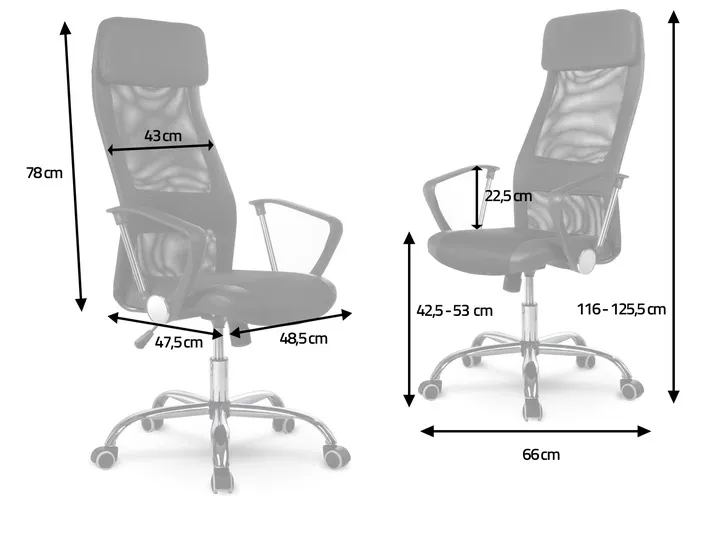 Sofotel Rio biroja krēsla izmēru shēma ar norādītu 78 cm atzveltnes augstumu un 66 cm platumu