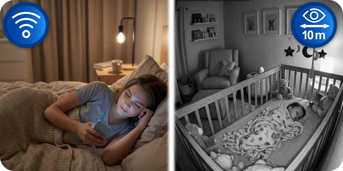 Sadalīts skats ar Wi‑Fi savienojumu, 10 m nakts redzamību un bērnu istabas uzraudzību ar Berdsen BD-940 kameru