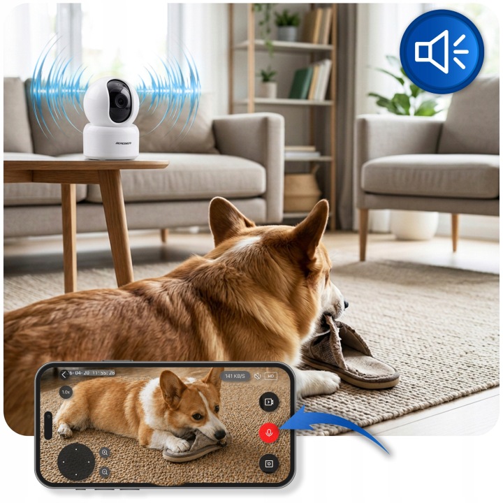 Berdsen BD-940 kamera viesistabā ar divvirzienu audio simbolu un suni, kas redzams lietotnes ekrānā