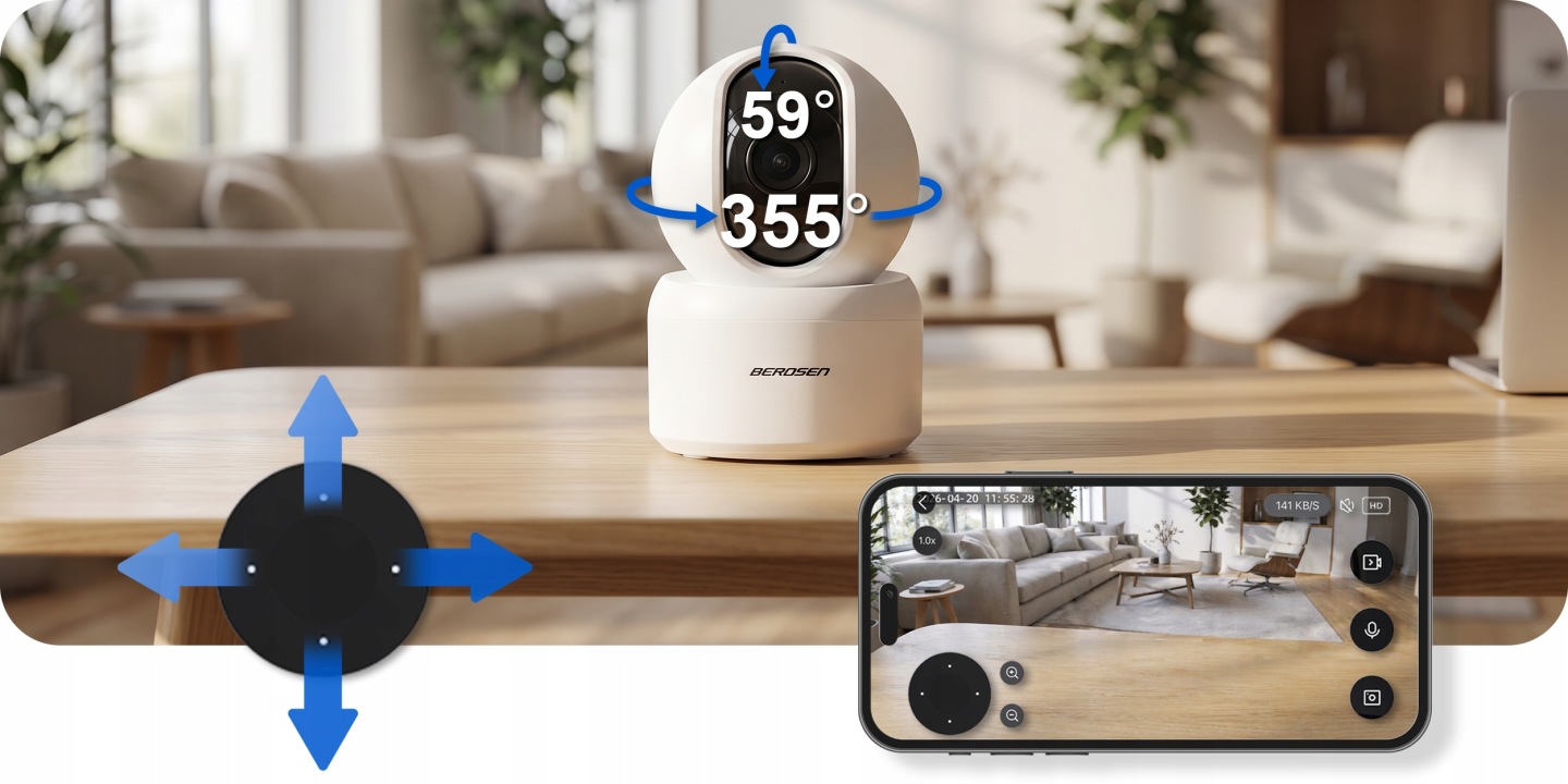 Berdsen BD-940 kamera uz galda ar norādītu 355° horizontālo un 59° vertikālo kustību un viedtālruņa vadību