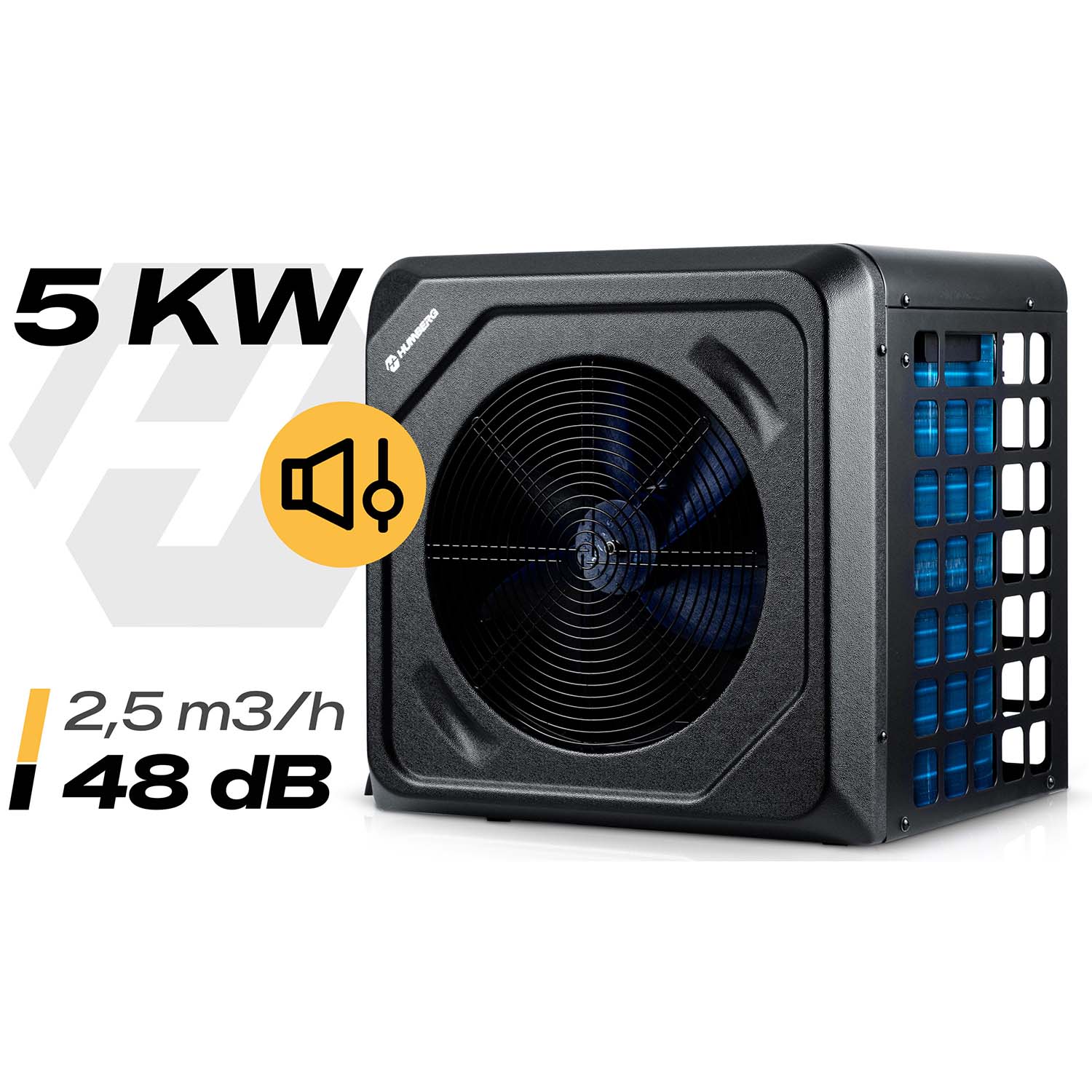 Humberg HM-910 baseina siltumsūknis no priekšpuses ar 5 kW, 2,5 m3/h un 48 dB norādēm
