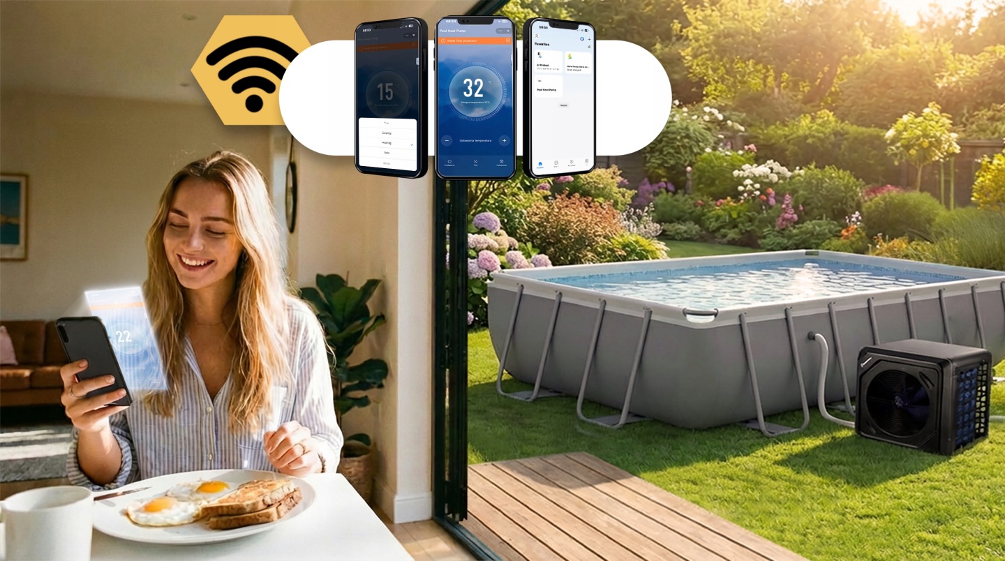 Baseina siltumsūkņa vadība no tālruņa ar Bluetooth un lietotnes ekrāniem pie mājas un baseina