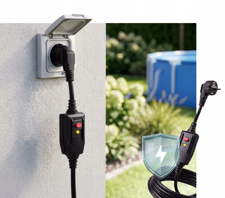 Drošinātājs barošanas vadā pie āra rozetes un aizsargāta elektrobarošana baseina siltumsūknim
