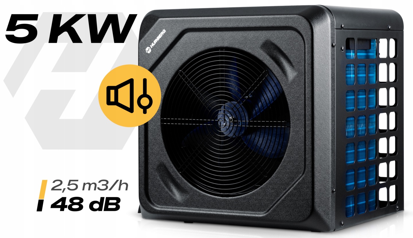 Humberg HM-910 siltumsūknis ar 5 kW jaudas uzrakstu, 2,5 m3/h un 48 dB apzīmējumu