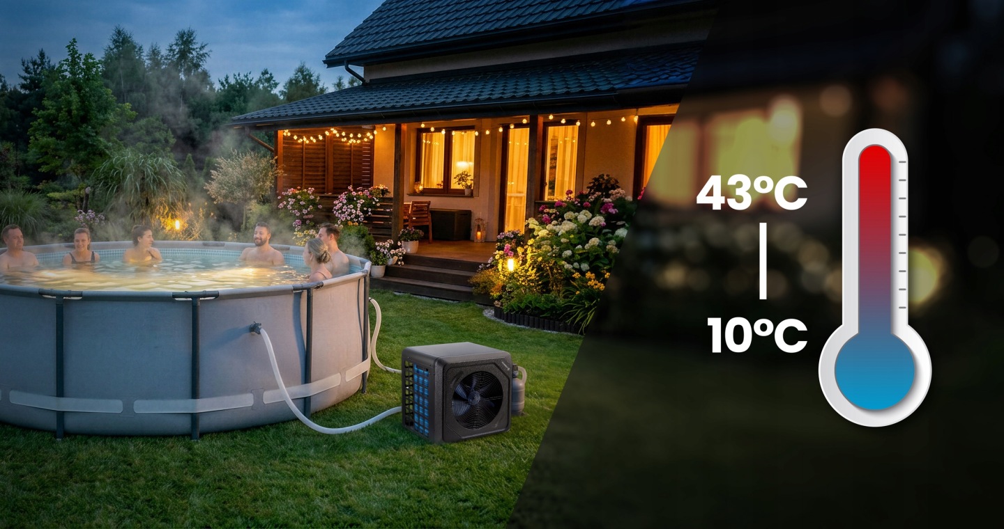 Baseina siltumsūknis pie āra baseina vakara dārzā ar temperatūras diapazona norādi 10°C līdz 43°C