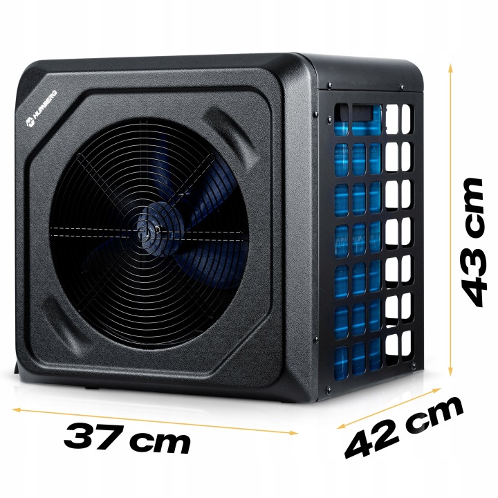 Humberg HM-910 siltumsūknis no priekšpuses ar norādītiem izmēriem 37 cm, 42 cm un 43 cm