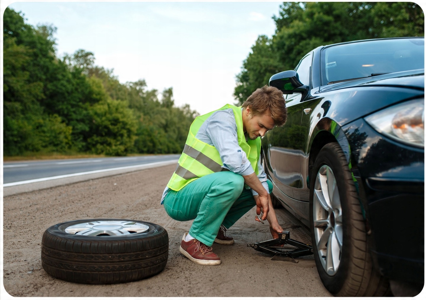 Auto pacēlājs pie paceltas automašīnas riteņa ar noņemtu riteni ceļa malā