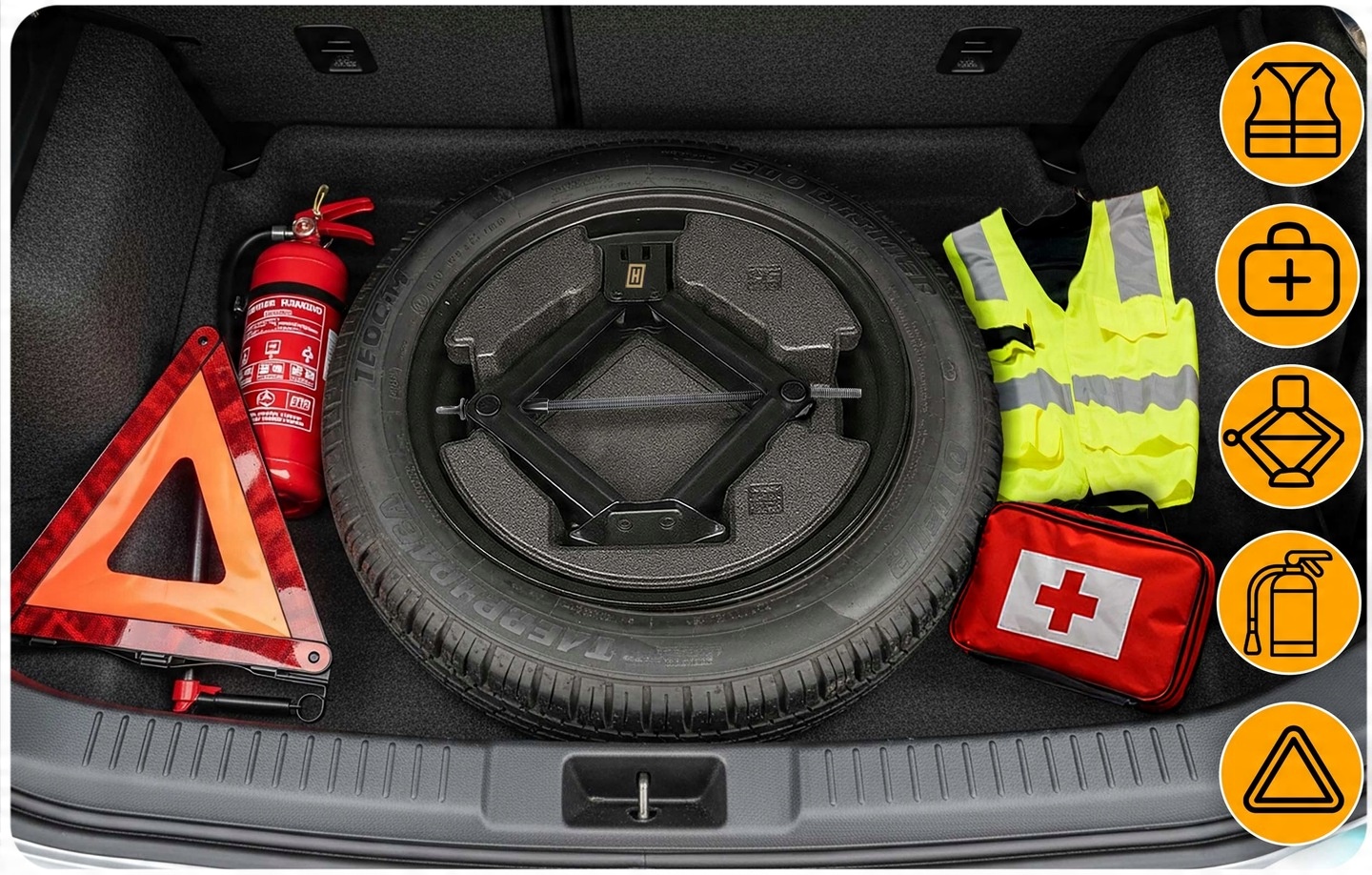 Auto bagāžnieks ar rezerves riteni, drošības aprīkojumu un kompaktu trapezveida pacēlāju