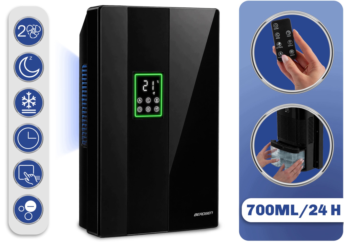 Berdsen BD-861 gaisa sausinātājs ar priekšējo paneli, displeju un 700 ml/24 h norādi