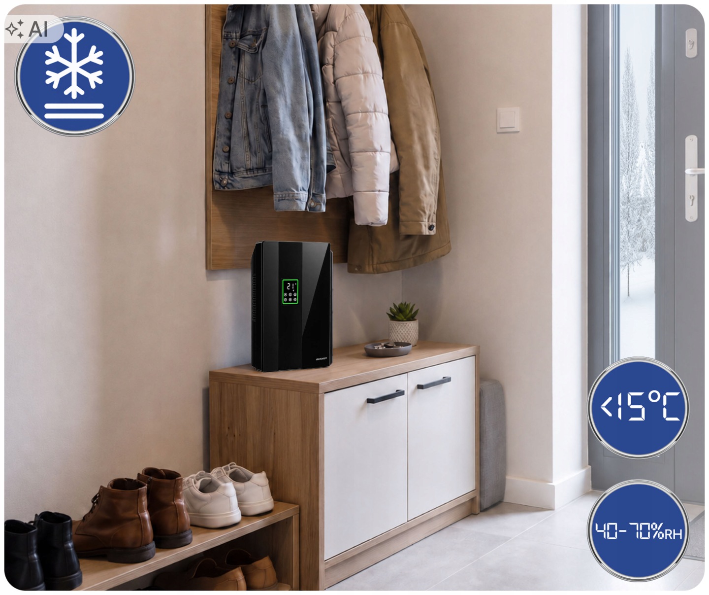 Gaisa sausinātājs priekšnamā pie apavu plaukta ar zem 15 °C un 40–70 % RH norādi