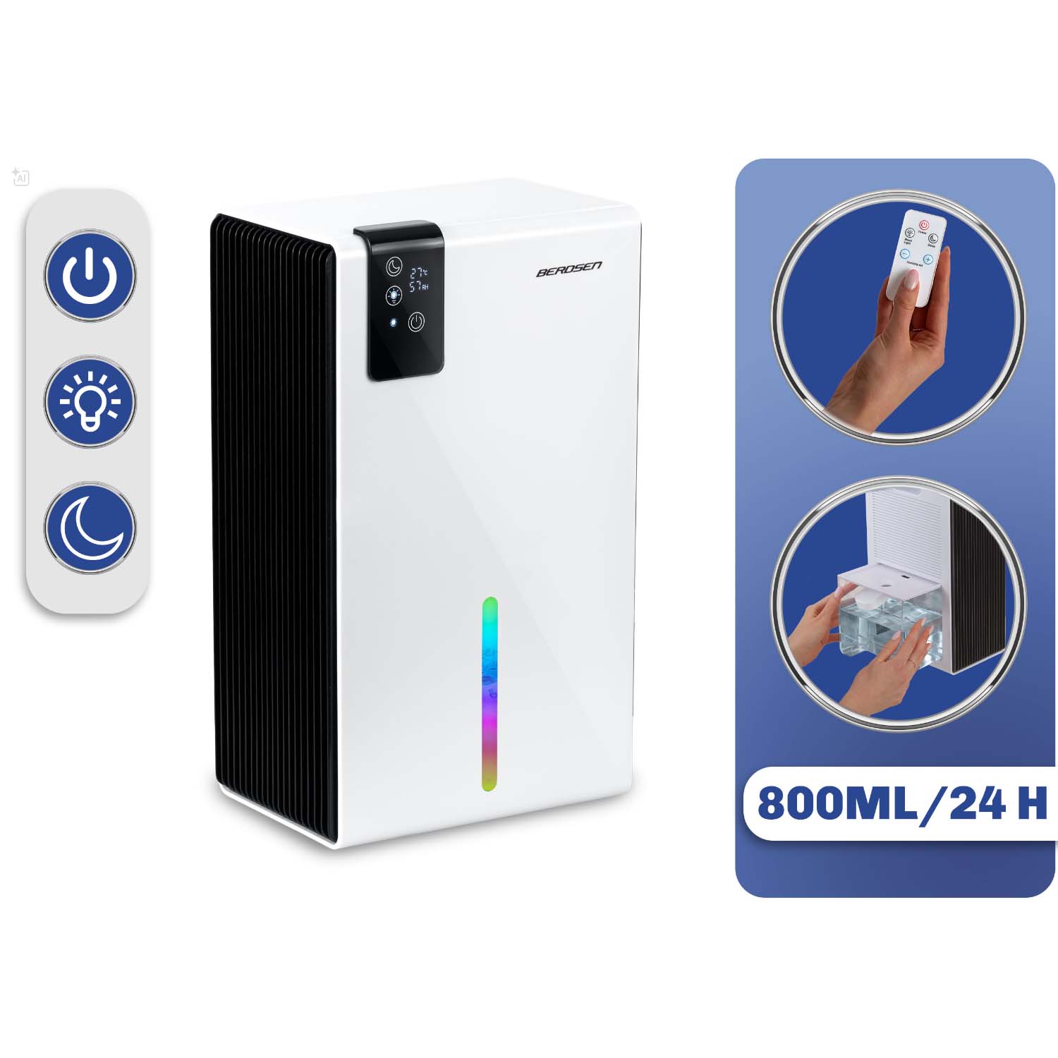Berdsen BD-856 gaisa mitruma savācējs, 800 ml/24 h, balts – produkta galerijas skats, 2. pozīcija