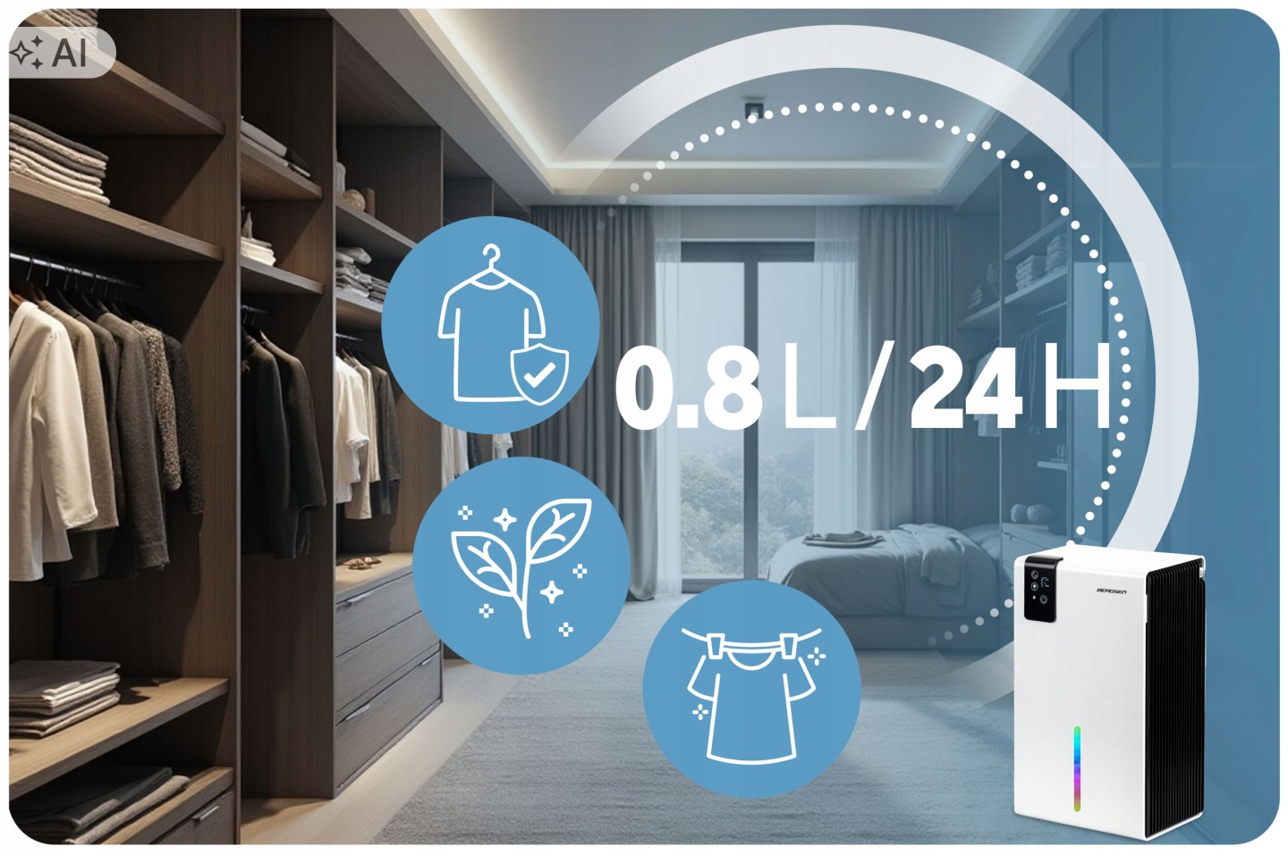 Berdsen gaisa mitruma savācējs garderobē ar apģērba ikonām un 800 ml/24 h marķējumu