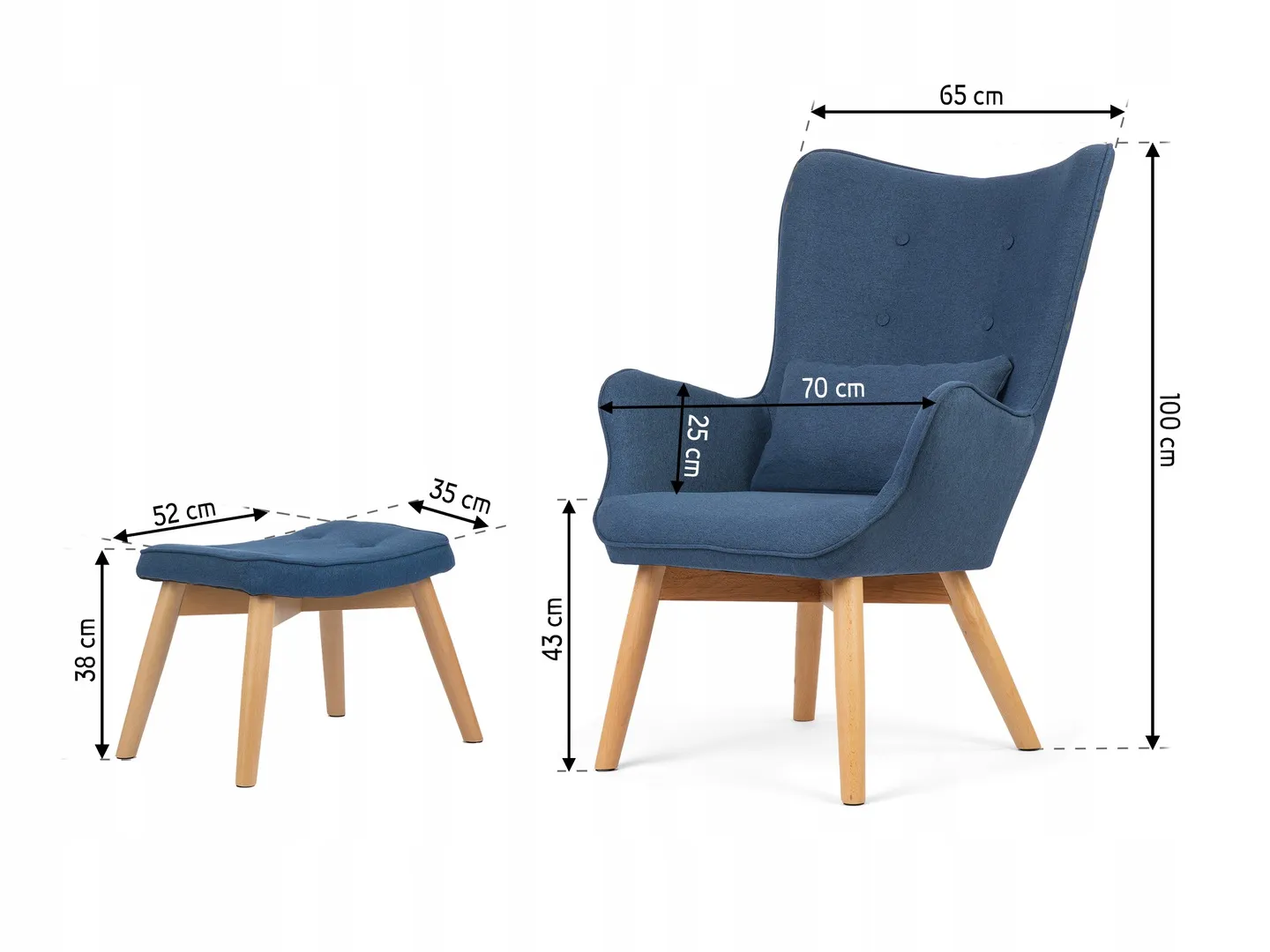 Krēsla un kājsoliņa izmēri norādīti tehniskā attēlā ar 65 cm, 70 cm, 25 cm, 43 cm, 38 cm un 100 cm
