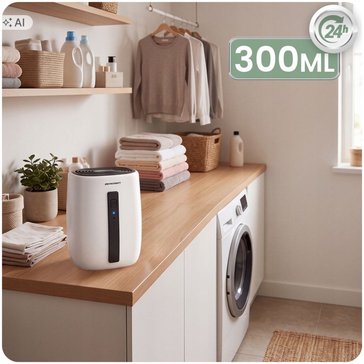 Berdsen BD-855 sausinātājs veļas telpā ar 300 ml/24 h norādi un mājsaimniecības plauktiem fonā