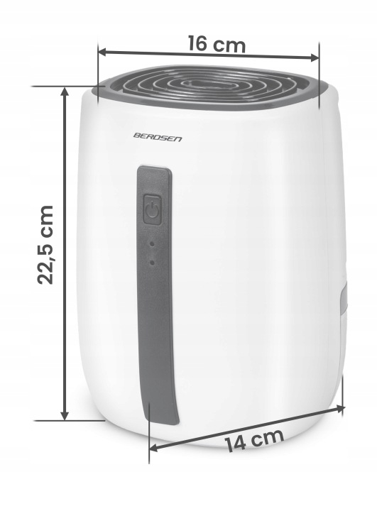 Berdsen BD-855 sausinātāja priekšskats ar izmēru norādēm 22,5 cm, 16 cm un 14 cm