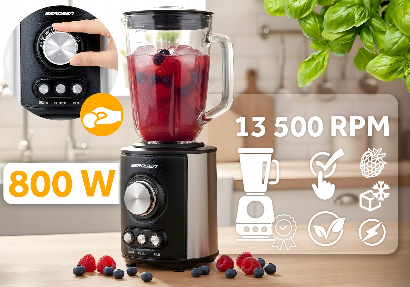 Berdsen blenderis ar redzamu 800 W jaudas apzīmējumu, grozāmu regulatoru un 13 500 RPM norādi