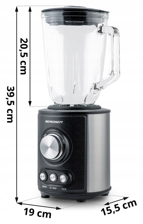 Berdsen blenderis ar norādītiem izmēriem 39,5 cm, 19 cm un 15,5 cm