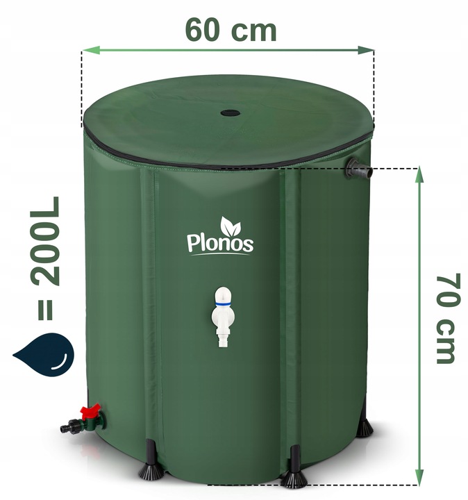 200 l tvertnes izmēru shēma ar norādītu 60 cm diametru un 70 cm augstumu