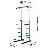 Neo-Sport pievilkšanās stieņa izmēru ar norādītu 108 cm platumu un 202–222 cm augstumu