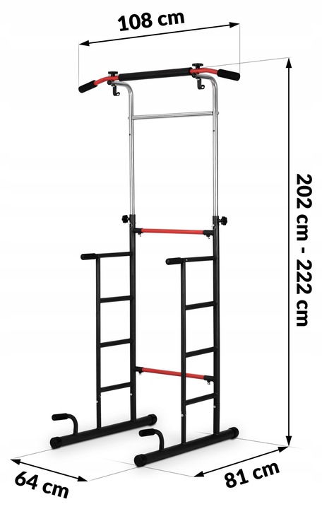 Neo-Sport pievilkšanās stieņa izmēru shēma ar 108 cm platumu, 202–222 cm augstumu un 81 cm dziļumu