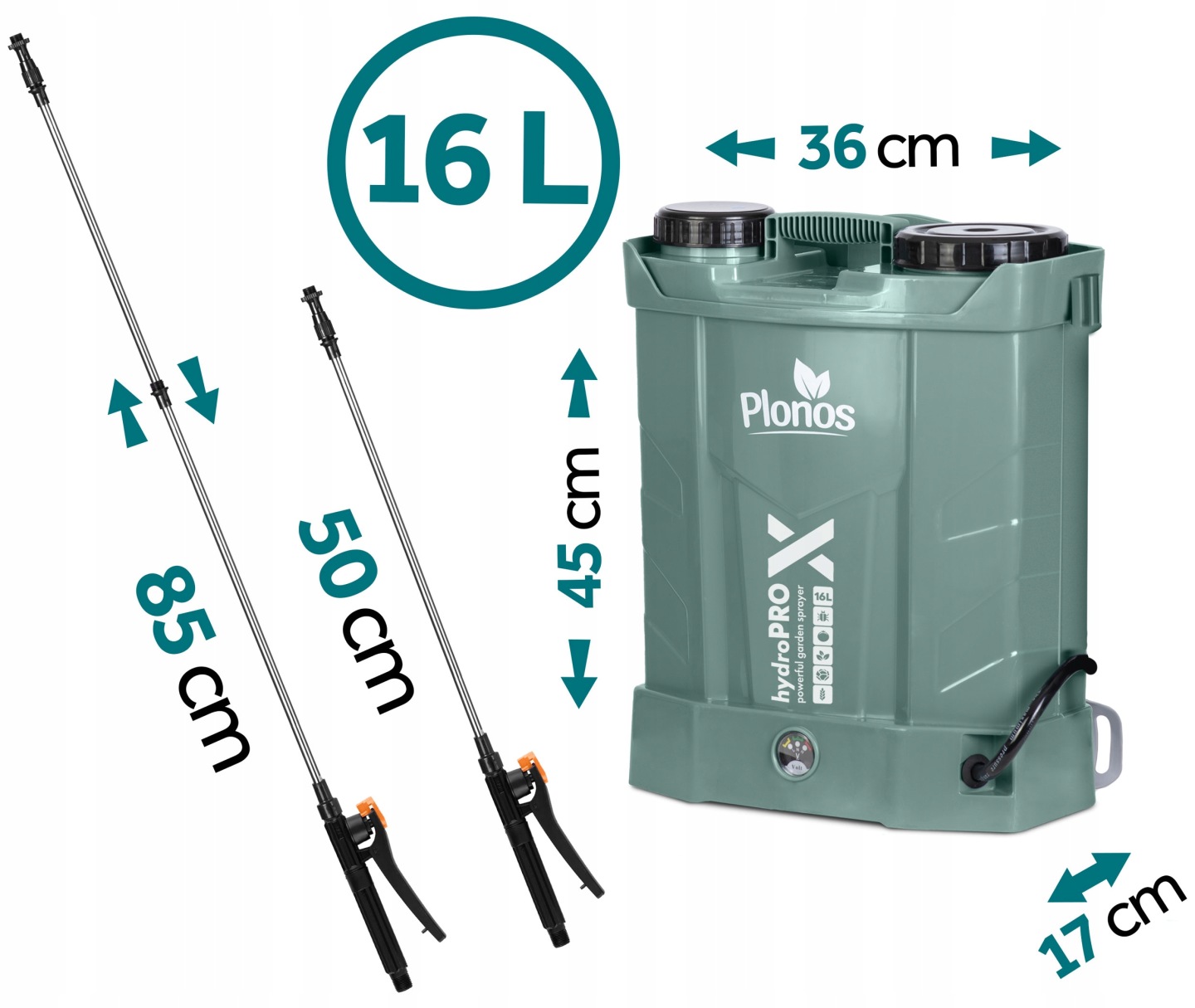 Smidzinātāja izmēru shēma ar 16 l tvertni, 85 cm lanci un 45 x 36 x 17 cm norādēm