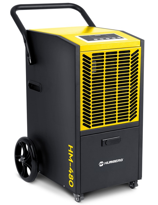 Humberg HM-480 gaisa sausinātājs no sāna ar rokturi, ventilācijas resti un riteņiem uz balta fona
