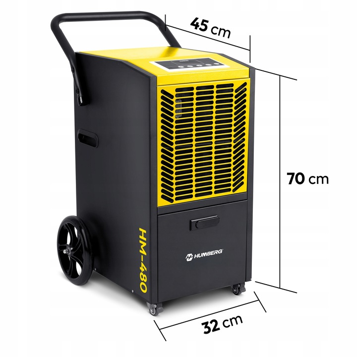 Humberg HM-480 gaisa sausinātājs ar izmēru atzīmēm 32 cm, 70 cm un 45 cm