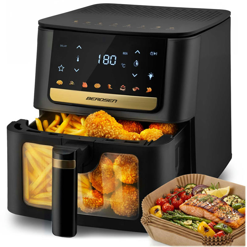 Beztauku frī kartupeļu fritieris Air fryer + cepampapīrs Berdsen BD-655, melns – produkta kopskats