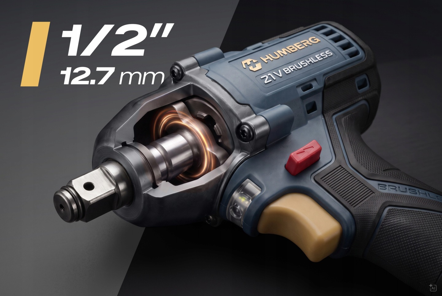 Humberg HM-440 akumulatora triecienatslēgas korpusa tuvplāns ar 1/2" stiprinājumu un metāla vārpstu