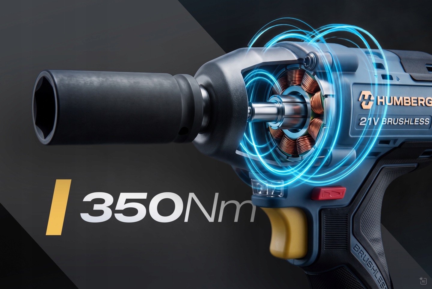 Akumulatora triecienatslēga Humberg HM-440 ar attēlotu bezsuku motora šķērsgriezumu un 350 Nm norādi