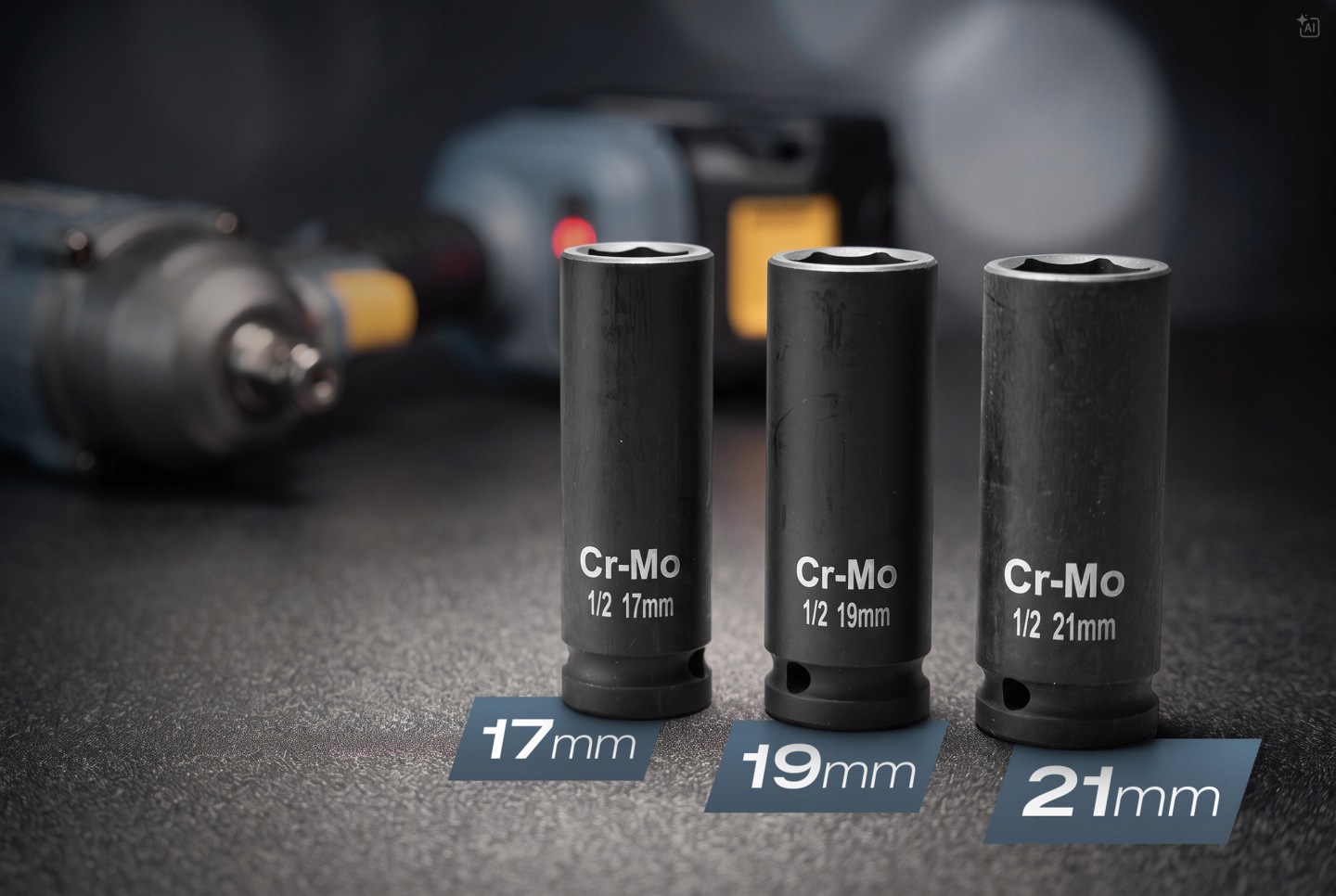 Trīs Cr-Mo triecienuzgaļi 17 mm, 19 mm un 21 mm blakus akumulatora triecienatslēgai