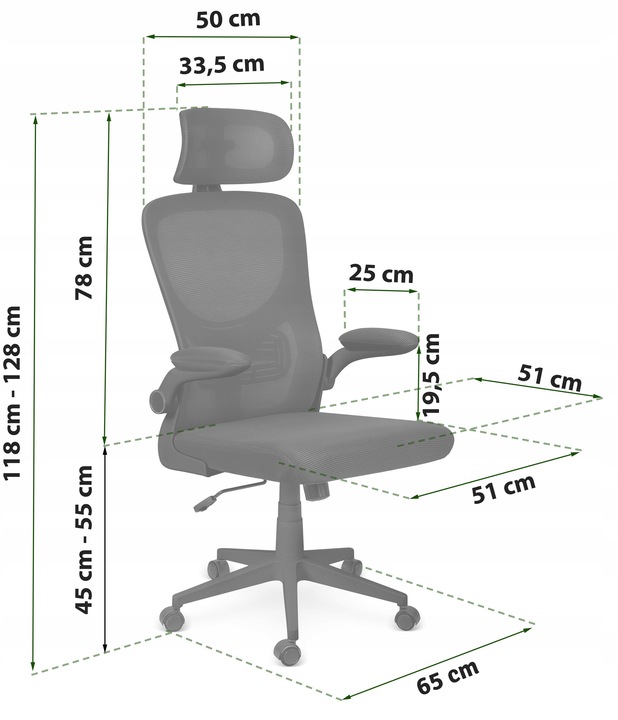 Biroja krēsla izmēru shēma ar norādītu augstumu 128 cm un sēdekļa regulāciju no 45 līdz 55 cm