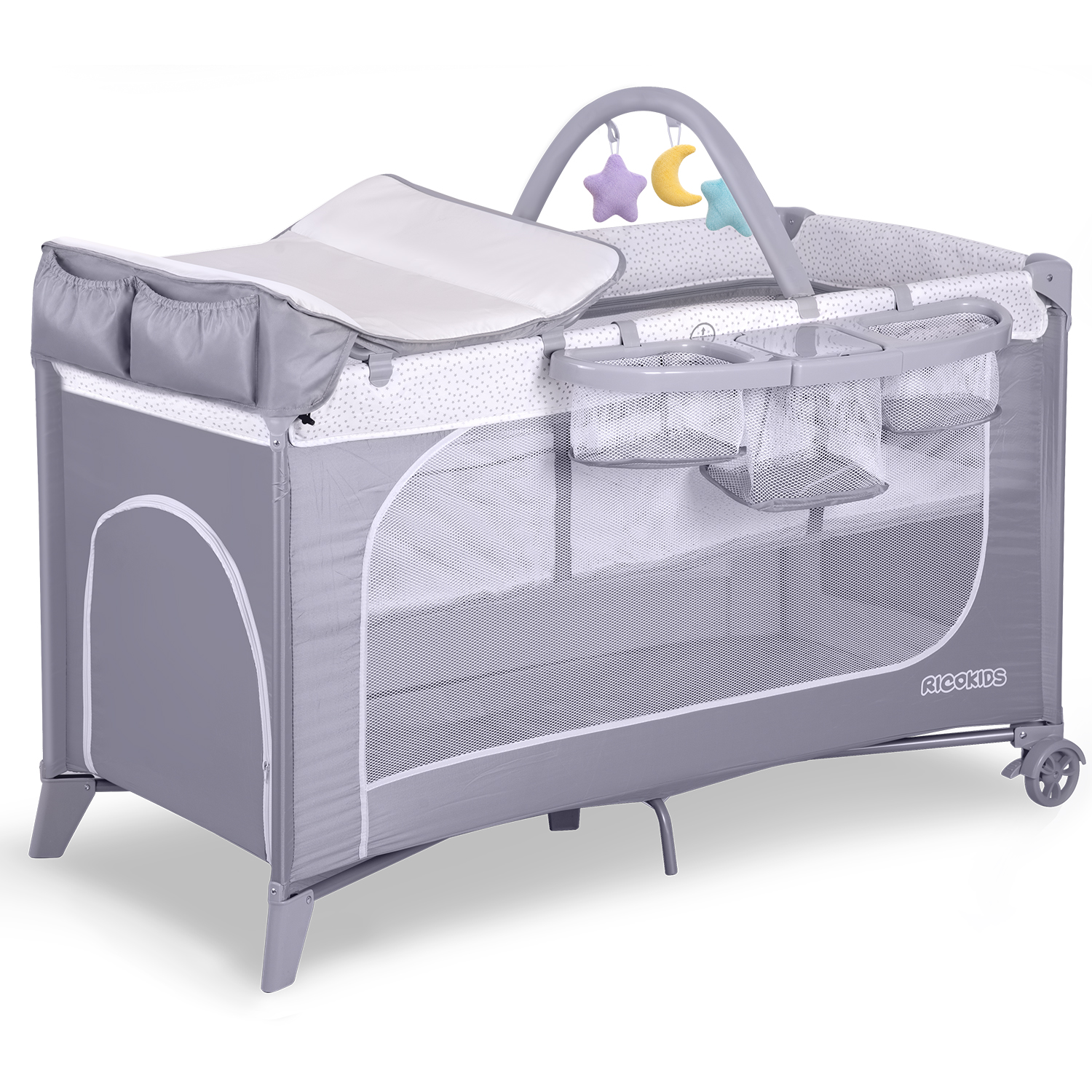 Ceļojumu gultiņa ar matraci un somu Ricokids RK-241, 123,5 x 65 x 76 cm, pelēka – produkta galerijas skats, 2. pozīcija