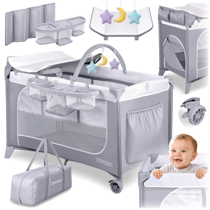 Ceļojumu gultiņa ar matraci un somu Ricokids RK-241, 123,5 x 65 x 76 cm, pelēka – produkta kopskats