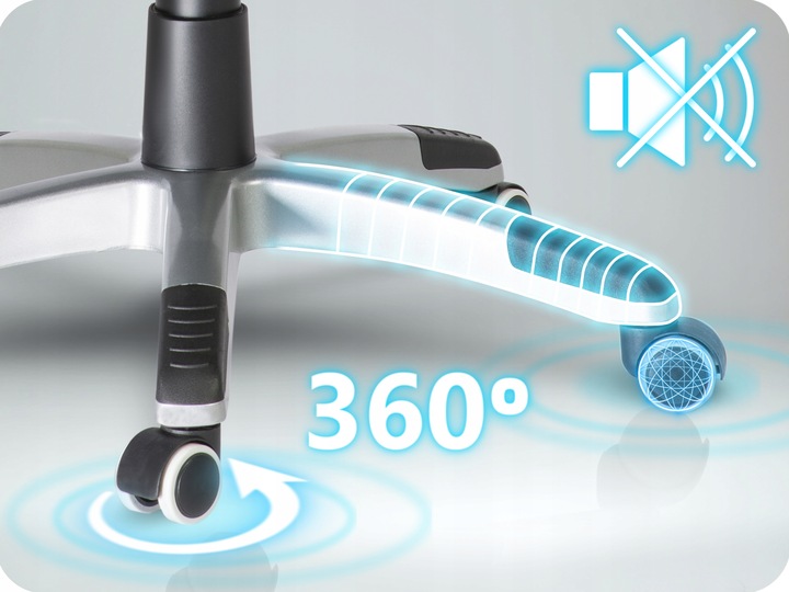 Krēsla pamatnes tuvplāns ar 360° ritenīšiem un grozāmu piecstaru kāju balstu