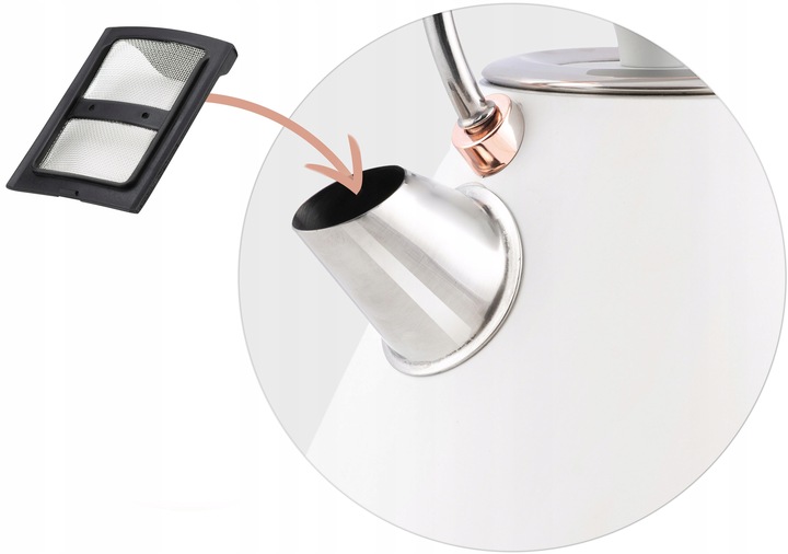 Tējkannas snīpis ar noņemamu metāla filtru, kas parādīts tuvplānā