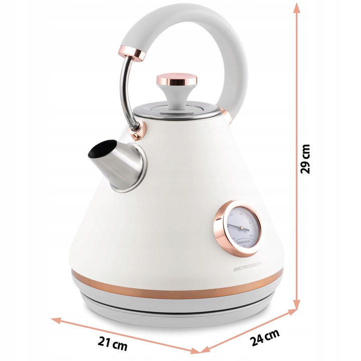 Berdsen BD-701 elektriskā tējkanna ar norādītu 29 cm augstumu un 21 cm, 24 cm pamatnes izmēriem