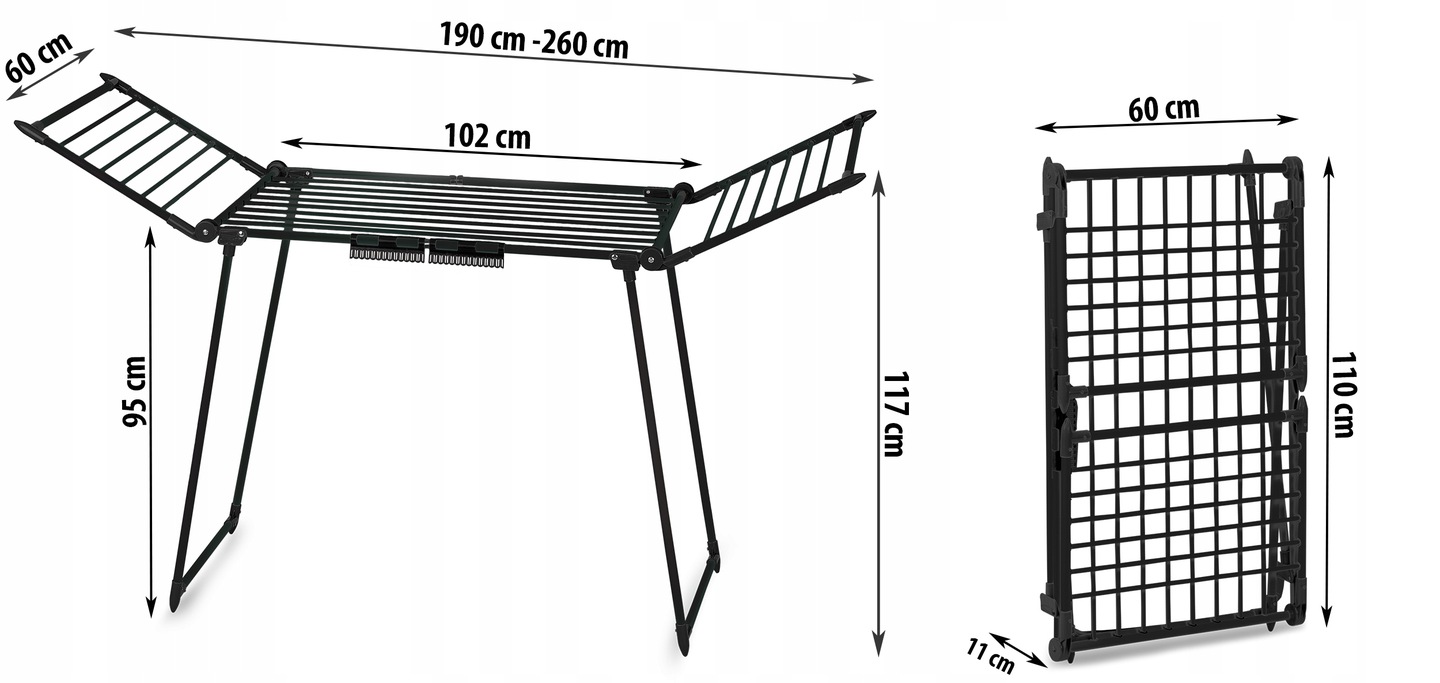 Salokāms veļas žāvētājs ar norādītiem izmēriem 190–260 cm, 102 cm, 60 cm, 95 cm, 117 cm, 110 cm un 11 cm