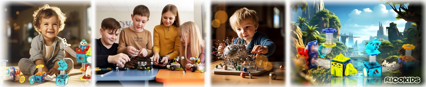Ricokids RK-768 magnētisko kluču komplekts ar krāsainu torni un figūriņām uz galda
