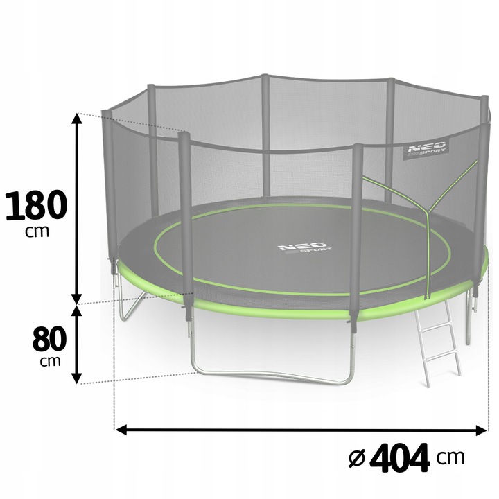 Batuta izmēru shēma ar norādītu 404 cm diametru, 180 cm tīkla augstumu un 80 cm platformas augstumu.