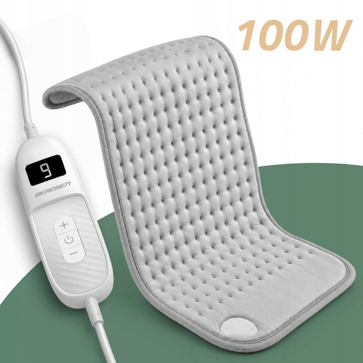 Pelēka sildošā mata ar vadības pulti un apgaismotu displeju, redzams 100 W apzīmējums