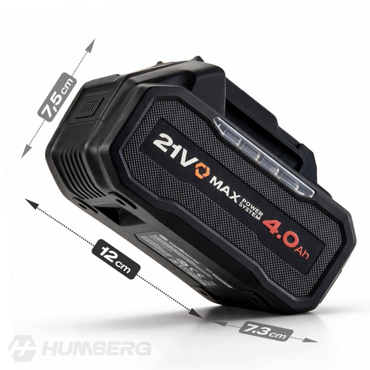 Humberg 21 V 4,0 Ah akumulators slīpā skatā ar izmēru norādēm 12 cm, 7,3 cm un 7,5 cm
