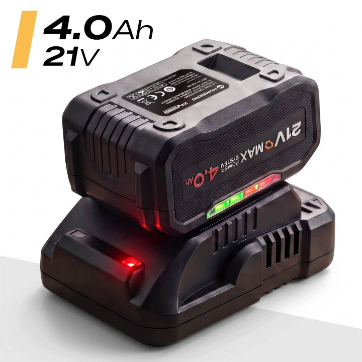 21 V 4,0 Ah akumulators, redzams slīps skats no augšas uz baltas virsmas