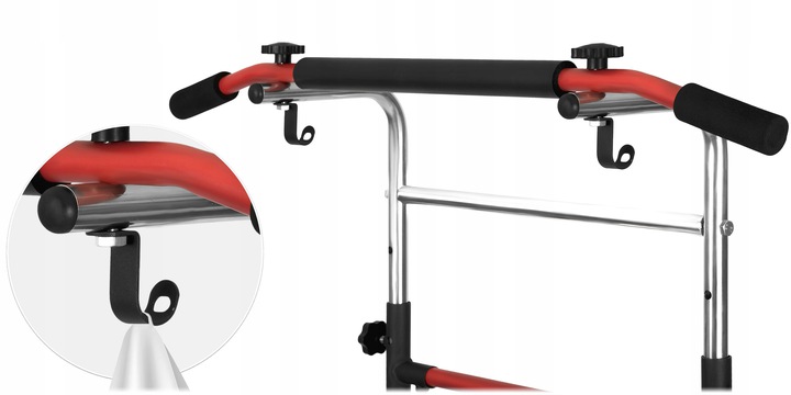 Neo-Sport NS-300 pievilkšanās stieņa rokturu un āķa tuvplāns ar regulācijas detaļu