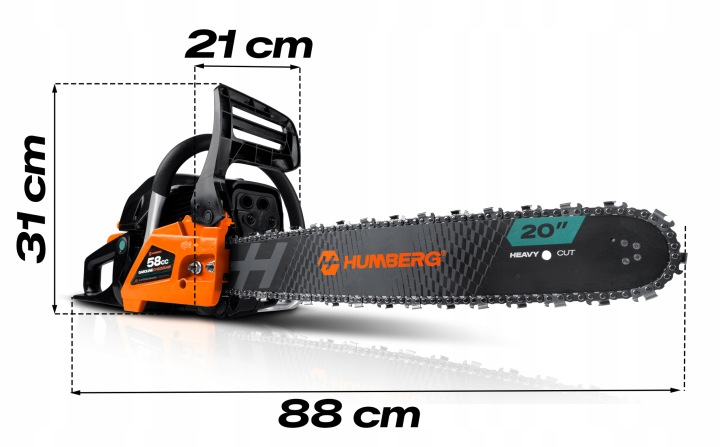 Humberg ķēdes zāģis no sāna ar izmēru norādēm 88 cm, 21 cm un 31 cm
