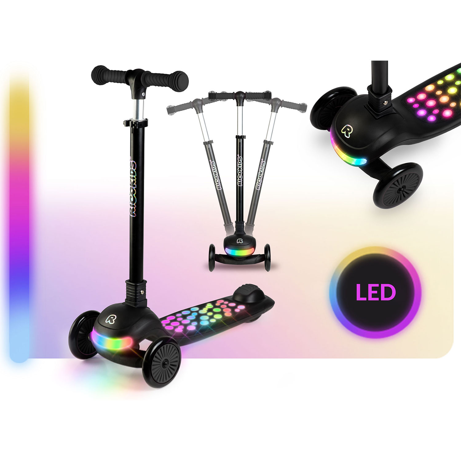 Bērnu trīsriteņu balansējošs skrejritenis ar LED Ricokids Glowi, melns – produkta galerijas skats, 2. pozīcija